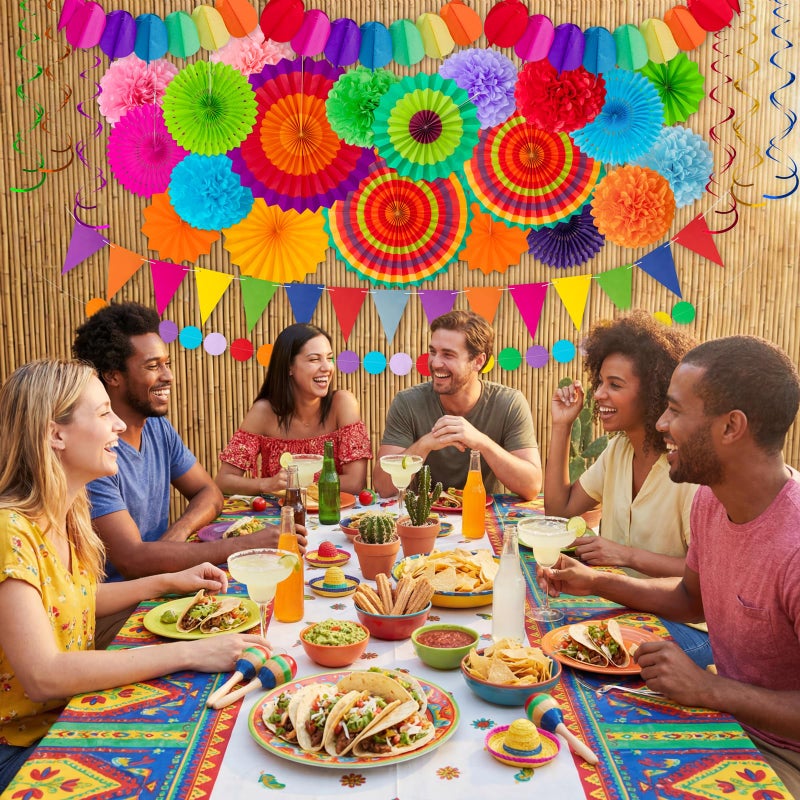 Moon Boat 35PCS Fiesta Paper Fan Party Decorations Set - Cinco De Mayo Pom Poms,Pennant,Garland String,Banner,Hanging Swirls Hispanic Heritage Month Decor Supplies,Multicolored - Image 5
